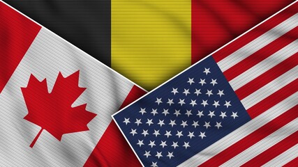 Fototapeta premium Belgium United States of America Canada Flags Together Fabric Texture Effect Illustration