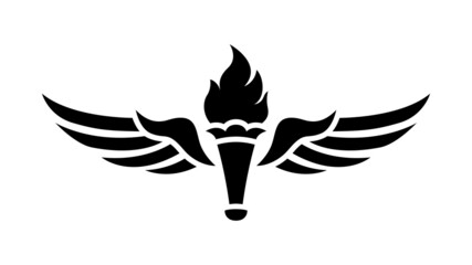 Winged torch logo. Print, torch with wings.