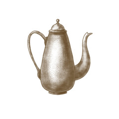 Old Retro high Teapot on a white isolated background. Tea making utensils. Hand drawn Illustration in brown. A sketch in a vintage style for a restaurant menu or any design