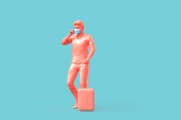 Tourist in medical mask with suitcase. 3D illustration
