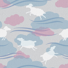 Seamless textured raster pattern with white flying sheep in pink and white clouds