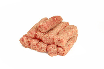 Cevapi balkan specialty isolated on white background. Raw minced cevapcici meat. Bosnian food