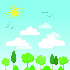 Vector nature illustration at summer time. Green trees and grass. White clouds and flying birds in a blue sky. Shining sun illustration.