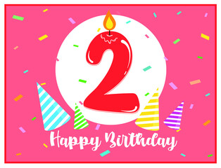 Happy second birthday. Cute background for 2 years old babies. Beautiful card for 2nd birthday. Number two candle in a spotlight. Birthday confetti and party hats. Happy birthday text. 