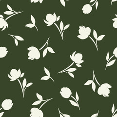 Vector seamless green and white floral pattern with flowers silhouettes.