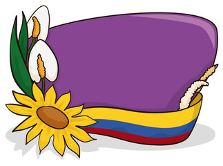 Sign template decorated with flowers and Colombian flag, Vector illustration