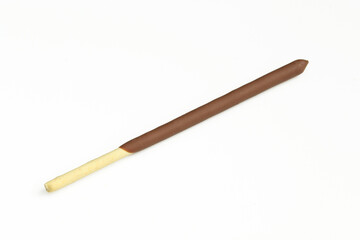 One biscuit stick coated with milk chocolate isolated on white background