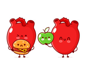 Cute funny human heart organ with apple and burger. Vector flat line doodle cartoon kawaii character illustration. Isolated on white background. Human heart organ,food cartoon mascot character concept