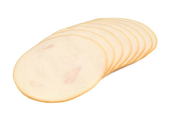 Slices of smoked chicken breast isolated on white background. Healthy fitness food