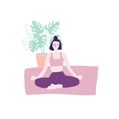 Yoga at home illustration girl and meditation