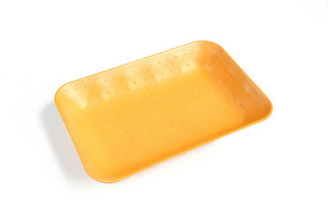 Empty orange styrofoam food packaging isolated on white background