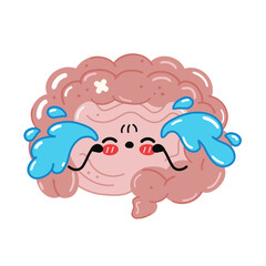 Cute funny sad cry sick intestine organ character. Vector hand drawn cartoon kawaii character illustration icon. Isolated on white background. Human intestine unhealthy organ,cartoon character concept
