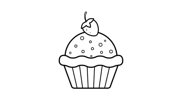 Muffin animation. Food icon for logo. Dynamic, minimalistic web design for cafe, restaurant, confectionery. Dessert for Birthday, holiday, party. Illustration for menu. Self-drawing a line. 2D flat.