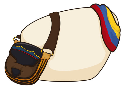 Sign with carriel bag and Colombian tricolour flag, Vector illustration