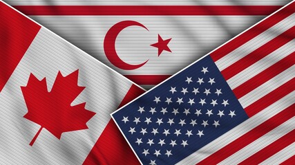 North Cyprus United States of America Canada Flags Together Fabric Texture Effect Illustration