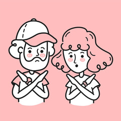 Young man and woman crossing arms and saying no gesture. Vector doodle cartoon character illustration. Person making X shape, stop sign with hands and negative expression