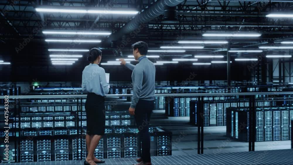 Poster Data Center Female System Administrator and Male IT Specialist Talk, Use Laptop Computer. Information Technology Engineers work on Cyber Security Network Protection in Cloud Computing Server Farm.