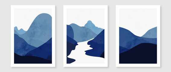 Boho Decor, Minimalist Mountain Wall Art, Blue Landscape Print, River Landscape Art Print, Mountains Poster Minimalist Art, Printable Wall Art