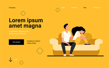 Boyfriend holding shoulder and consoling sad woman. Sofa, family, support flat vector illustration. Depression and melancholy concept for banner, website design or landing web page