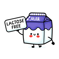Cute funny happy milk box with lactose free sign. Vector hand drawn cartoon kawaii character illustration icon. Isolated on white background. Milk dairy box, lactose free cartoon character concept