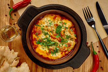 Georgian scrambled eggs Chizhi Bizhi with tomatoes and sulguni in clay ketsi