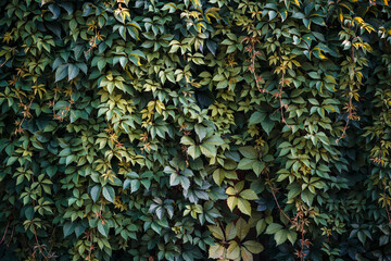 Green and orange leaves of Virginia creeper (Parthenocissus quinquefolia) natural background, green...