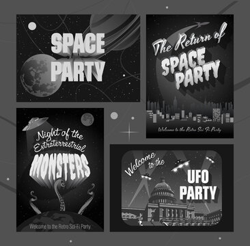 Space Party Banners, Invitations, Retro Sci Fi Movie Posters Stylization, Planets, Flying Saucers, Space Rockets, Night Scenes