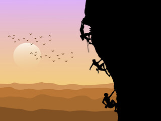 Silhouette of three mountain climbers climbing with sunset in the background.