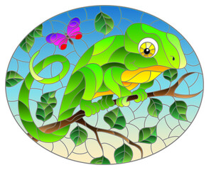 An illustration in the style of a stained glass window with a bright cartoon chameleon on a tree branch on a blue background, a oval image