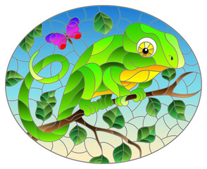 Fototapeta premium An illustration in the style of a stained glass window with a bright cartoon chameleon on a tree branch on a blue background, a oval image