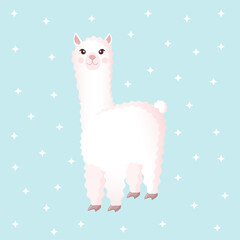 Cute llama or alpaca on a blue background with stars. Vector illustration for baby texture, textile, fabric, poster, greeting card, decor.