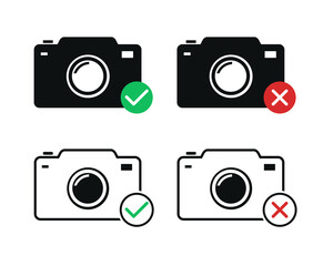 Set of camera icon, with checkmark and cross mark. Illustration vector