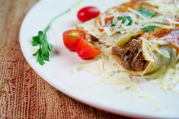 Pancakes with meat, in tomato sauce and cheese, with cilantro and grated cheese on top, and some cherry tomatoes on the plate.
