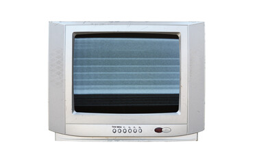 Old silver TV with noise on the screen isolated on a white background. Vintage TVs 1980s 1990s...