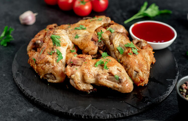 grilled chicken wings on stone background