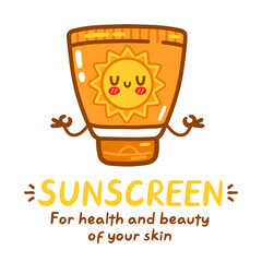 Cute funny suscreen tube. Vector flat line cartoon kawaii character illustration icon. Isolated on white background. Sunscreen, sun protection cream care,sunblock screen character poster concept