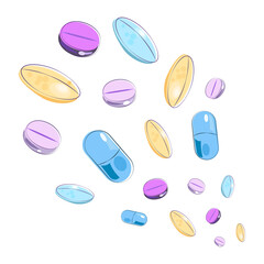 Medical pills and tablets. Assorted oval and round tablets, capsules, medicine. Colorful Vector illustration. Medical and healthcare concept.