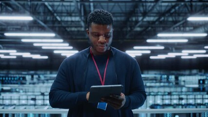 Portrait of a Data Center Engineer Using Laptop Computer. Server Room Specialist Facility with Black Male System Administrator Working with Data Protection Network for Cyber Security. - Powered by Adobe