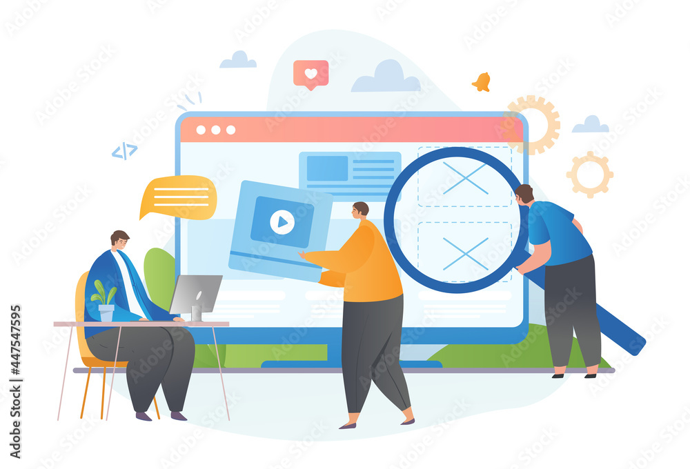 Aufkleber young male characters are programming and coding website together. animation designer. concept of we