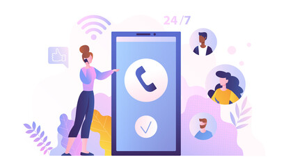 Young female character is working in customer support. Concept of email marketing, internet chatting, 24 hours support. Feedback online form, talk to customers. Flat cartoon vector illustration