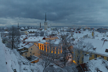 TALLINN, ESTONIA - JANUARY 04, 2021: View of streets of old town at winter moody day