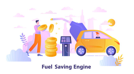 Naklejka premium Male character is using car with fuel saving engine. Concept of new technology and fuel saving engine. Gas mileage, efficient eco friendly engine. Flat cartoon vector illustration
