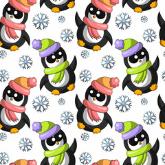 Seamless vector pattern with cute cartoon penguin with snowflake