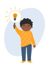African ethnicity child holding light bulb. Kids' new idea. Children creative thinking concept.