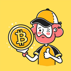 Young bearded man show bitcoin coin sign in hand. Vector doodle cartoon character illustration. Isolated on white backgound. Person with bitcoin, crypto currency coin, mining money, finance concept