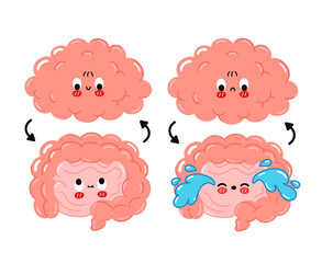Cute funny happy,sad human intestine, brain connection.Vector cartoon kawaii character illustration icon.Isolated on white background.Brain,intestine partners,nerve cartoon doodle character concept