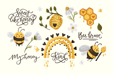 Cute honey bee funny illustration set. Cartoon vector happy summer insect character collection with daisy flower and lettering quote. - obrazy, fototapety, plakaty