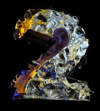3d render of abstract art 3d fantasy font with letter number two in mix of broken damaged crystal mineral glass diamond and silver metal foil material in yellow color on isolated black background 