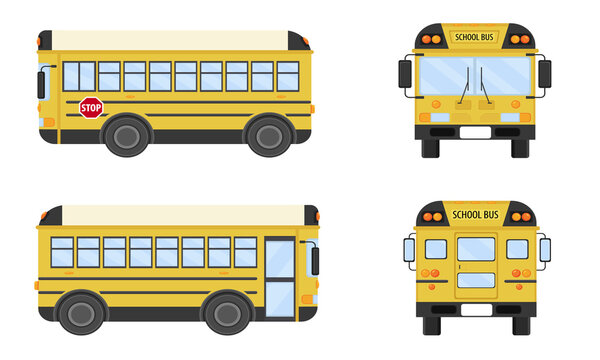 Yellow school bus on a white background. School bus front view, back view and two side views.