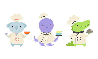 Cute Animal Chefs Characters Set, Koala, Octopus, Crocodile in Uniform Cooking Tasty Dishes Cartoon Vector Illustration